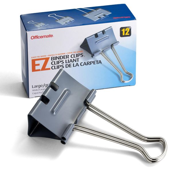 Officemate EZ Binder Clips, Large Size, 12/Box, Gray (99200)