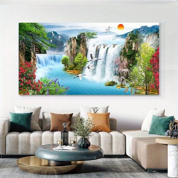 EXA 50x100 WATERFALL SUNSET LANDSCAPE Canvas Painting Wall Art Picture Home Deco