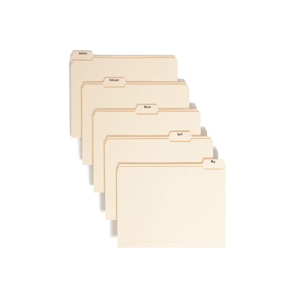 Smead Indexed File Folders, Monthly (Jan-Dec), 1/5-Cut Tab, Assorted Positions, Letter Size, Manila, 1 Set of 12 (11765)