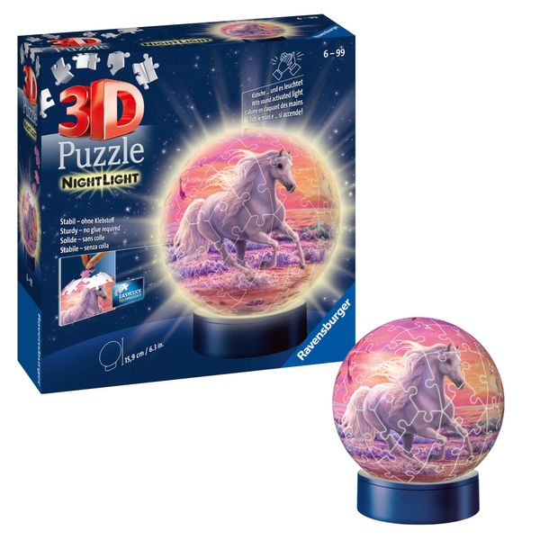 Ravensburger 3D Puzzle 11843 - Nachtlicht Puzzle-Ball Pferde am Strand - 72 Teile - ab 6 Jahren, LED Nachttischlampe mit Klatsch-Mechanismus, Pferde Geschenk für Mädchen und Jungen