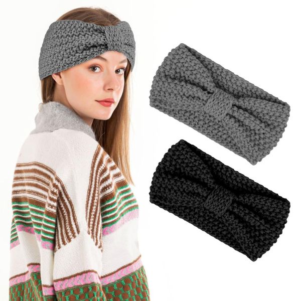 LOPHE 2 Pcs Winter Headbands, Women Ear Warmers Knitted Headbands, Thermal Twist Bow Headbands, Comfy Soft Winter Head Wrap, Cable Knit Headbands for Women Girl Sports Skiing Running (Black & Grey)