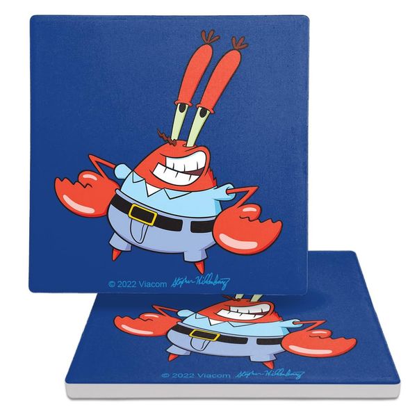 Spongebob Mr. Krabs Pose Square Ceramic Coasters, Set of 2, 3.9", Cork Base