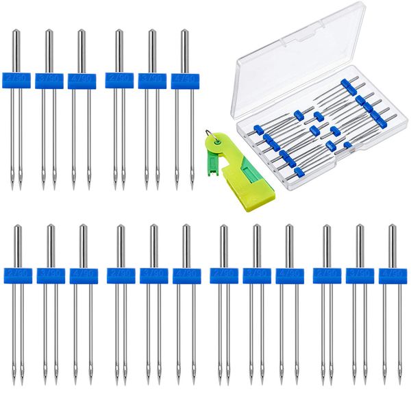 18 Pieces Sewing Machine Twin Needles Double Twin Needles Pins Twin Stretch Needles with Plastic Box, Automatic Needle Threader for Household Sewing Machine, 3 Mixed Sizes 2.0/90, 3.0/90, 4.0/90