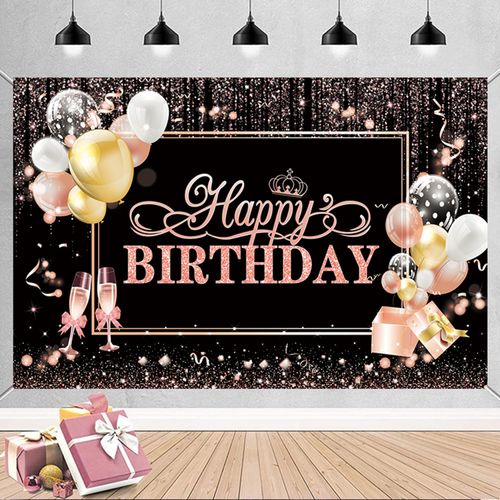 Black Rose Gold Happy Birthday Backdrop Banner for Women Girls, Glitter Balloon Happy Birthday Party Decorations for Baby Shower Sweet 16 Photography Background 70.8x45.2in