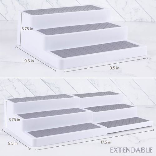 Oizeir 3–Tier Expandable Plastic Spice Rack - Adjustable Length, Stability with Non-Skid Shelf, Three Tiers for Easy Visibility, Organizer for Kitchen Cabinet, Pantry or Countertop, White/Grey