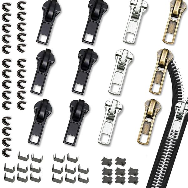 Zipper Pull Replacement, 60 PCS Zip Repair Kit, Universal Zipper Pulls with Top and Bottom Stoppers, Zip Replacement Universal Zip Puller Accessories Zipper Pulls Set for Repair Jeans, Coats Zipper