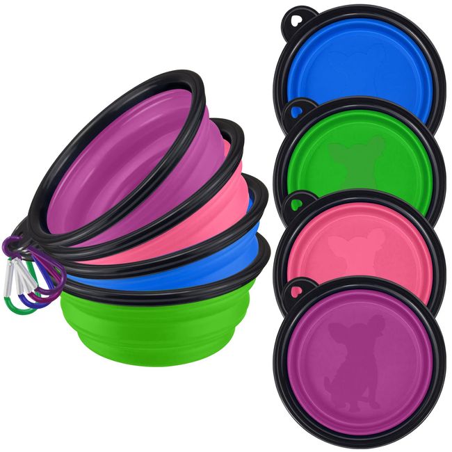 LAVAED 4 Pack Collapsible Dog Bowl Portable Foldable Travel Pets Bowls Cats Water Feeding Food Bowls Silicone Expandable Cup Dish Puppies for Walking Camping Outdoors with Carabiner Clip