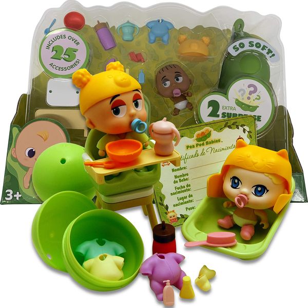 Thin Air Brands Pea Pod Babies Twenty Five Piece Dinner and Bath Time Playset - Collectible Mystery Surprise Toy with Mini Baby, Clothing, & Accessories - All in A Soft Pea Pod - Small Doll, Ages 3+