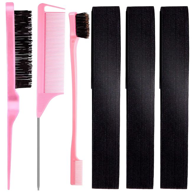 Hair Brush and Lace Melting Band Set, 3 Row Teasing Brush Bristle Hair Brush Teasing Brush Parting Comb Rat Tail Comb Dual Edge Brush and Adjustable Elastic Bands for Wig Edges (Pink)