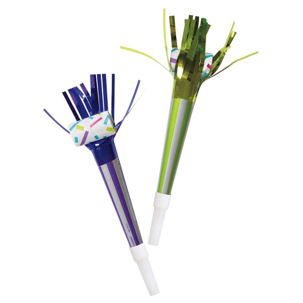Unique 93439 Noisemaker Party Blowers-Assorted Patterned Foil Fringe-Pack of 4, Multicolour