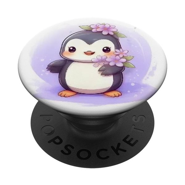 Cute pinguin with purple flower PopSockets Swappable PopGrip