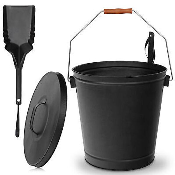 Sturdy Metal Fireplace Ash Bucket w/Shovel Lid Cover Fire Pits Stove Tool Set