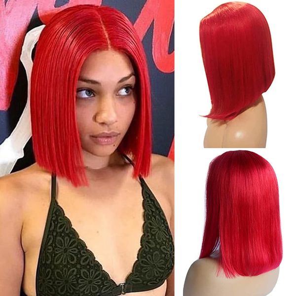 Red Bob Wig Human Hair Glueless Short Straight Middle Part Lace Bob Wigs Bleached Knots Pre Plucked 13X6X1 Remy Human Hair Wig 12inch 150% Density