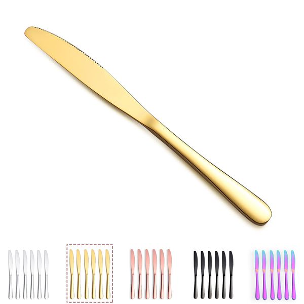 Kyraton Golden Dinner knifes 6 Pieces, Titanium Plating Gold Stainless Steel 22.8 cm Steak Knives Set Table Knives, Flatware Butter knife Knives Set Cutlery Set, Dishwasher safe.