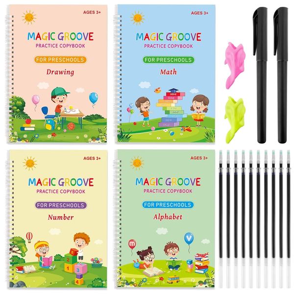 Large Magic Ink Practice Copybook for Kids, Reusable Handwriting Workbooks for Preschools, Tracing Letter Writing Book with Pen Refill and Handwriting Aid(4book+2 Pen+10 Pen Refill)