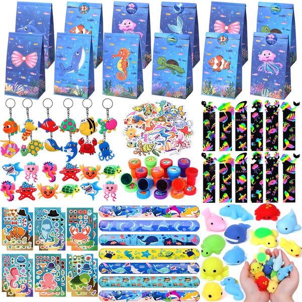 Winrayk 148Pcs Under the Sea Party Favors Birthday Supplies Kids Ocean Sea Animal Toy Gift Bag Squishy Bookmark Diy Sticker Stamper Ring Boy Girl Goody Bag Stuffer Ocean Birthday Party Favors Supplies