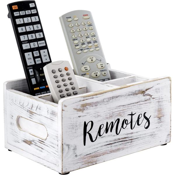 Whitewashed Wood Remote Control Holder Organizer / Tabletop Media Storage Caddy