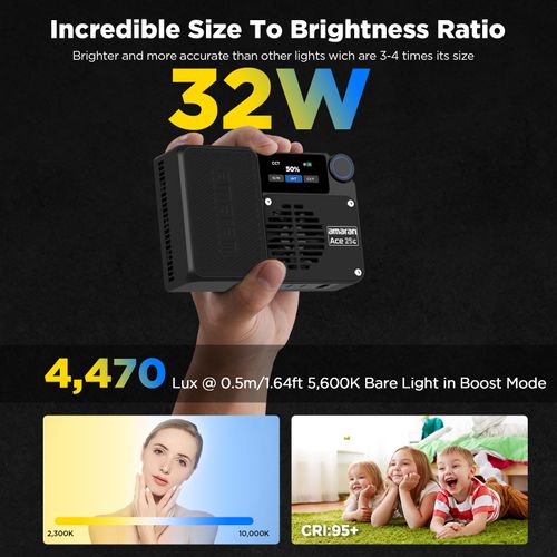 Amaran Ace 25c Kit, Pocket RGBWW LED Light, Boost Mode Up to 32W, Full-Color Mini Video Light (2,300-10,000K), 1,171 Lux@1m at 5,600K, 4500mAh Battery with PD Charging for Mobile Creators (Charcoal)