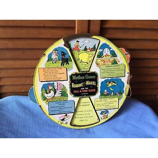 1930s MOTHER GOOSE READING WHEEL/TELL TIME CLOCK NURSERY RHYMES EDUCATIONAL