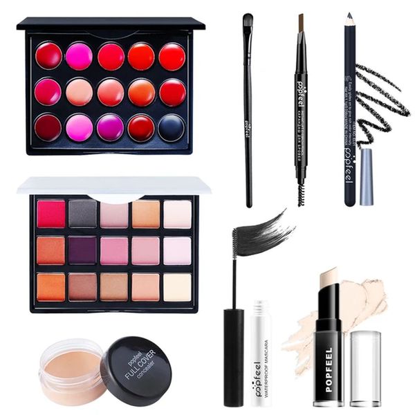 All-in-one makeup kit eyeshadow palette lipstick concealer blush mascara eyeliner eyebrow pencil lip gloss brush