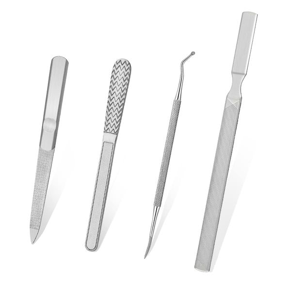 4 Pieces kit Stainless Steel Nail File with Anti-Slip Handle, Reusable Manicure Filer and Nail Lifters for Natural Nails Removing Calluses,Dead Skin Great for Home Salon