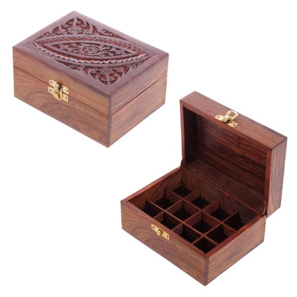 Puckator Sheesham Wood Essential Oil Box Design 1 (Holds 12 Bottles) - Pretty Wood Storage Box Boxes For Diffuser Pure Essential Oil Nail Polish Aromatherapy - Indian Home Decor