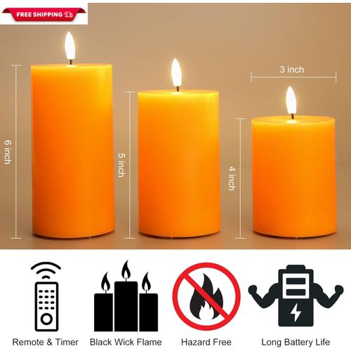 Orange Halloween Flameless Pillar Candles with Remote, Fall Thanksgiving LED Can