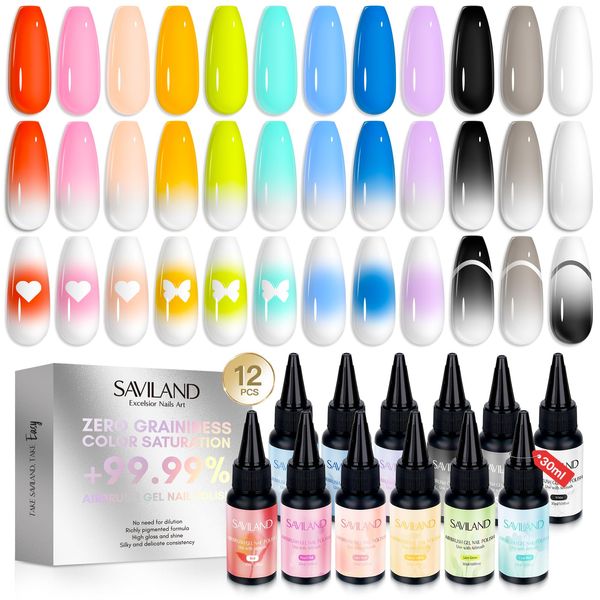 SAVILAND Airbrush Gel Nail Polish: 12 Color Nail Art polish Set, Classic Cool & Warm Colors Airbrush Stencils for Nails No Dilution Gel Polish for French Nail Art Manicure DIY Salon