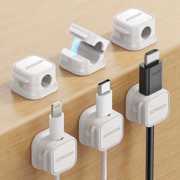 JOYROOM 6 Pack Cable Tidy Clips Adjustable Cord Organiser Magnetic Cable Management Self Adhesive Wire Holder for Desk, Nightstand, Charging Cables, HDMI, USB, Audio Cable, Office, Home, White