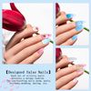 Summer Beach Fake Blue Nails Seas Oceans Full Cover Artificial Glue on Nails Women Girls 24PCS Stiletto Matte Nail Art Shell Manicure Decoration