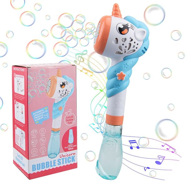 Bubble Machine Portable Unicorn Bubble Wand for Kids Automatic Bubble Blower Bubble Makers Stick Toy with Sound On/Off High Output Bubbles Blaster for Boys Girls Outdoor