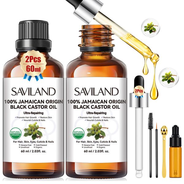 Saviland Jamaikanisch Schwarz Rizinusöl Bio 120ml - 100% Rein Vegan Kaltgepresst Castor Oil - für Wimpern Augenbrauen Haare Nägel Nagelhaut Haut - mit Glasflasche Pipette Pumpe Mascara Expert Care Kit