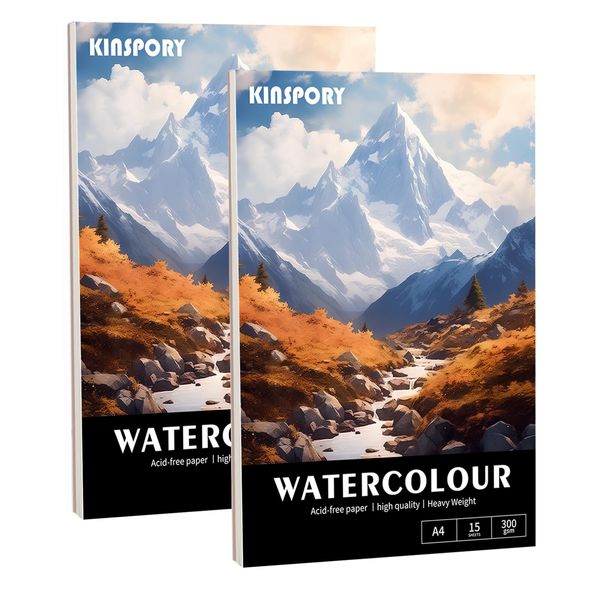 KINSPORY Watercolour Paper Pad, 300 GSM, 15 Sheets, A4-21 x 29.7cm, Water Colour Paper Block for Painting, Drawing, Sketching and Mixed Media