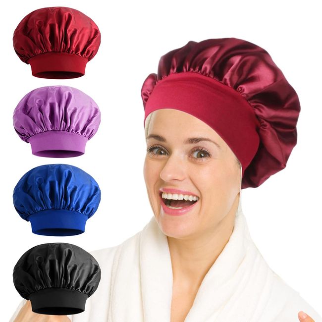 zxbaers 4 Pcs Satin Bonnet Silk Bonnet for Sleeping, Reusable Sleep Cap for Black Women to Protect Hair, Hair Bonnet for Sleeping Wide Elastic Band for Curly Hair(Large)