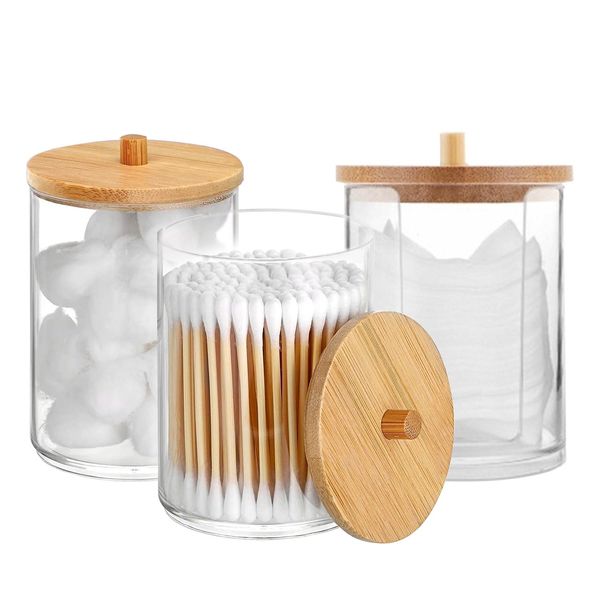 DRERIO 3 Pack Cotton Pad Holder Cotton Swab Holder 10-Ounce Bathroom Organiser Clear Acrylic Q-Tips Cosmetic Storage Jars Ear Bud Holder Bathroom Jars with Bamboo Lid for Cotton Ball Dispenser