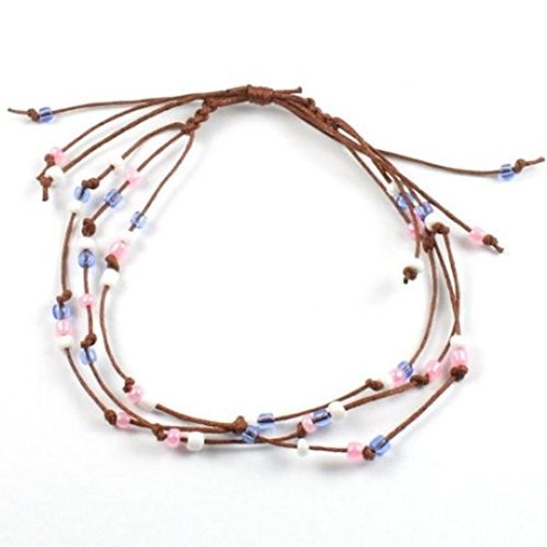 Handmade 3 String Pink and Blue Bead Surf Anklet on Chestnut Cord