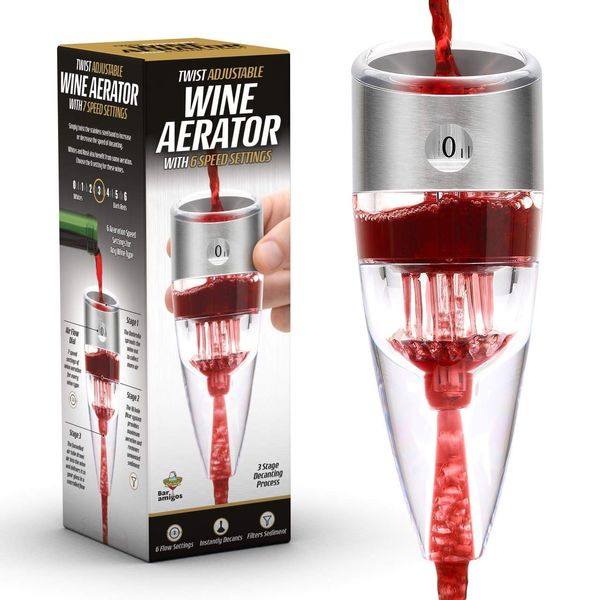 Bar Amigos Twist Adjustable Wine Aerator Triple Action Design with 6 Speed Settings for Red White Wine Drinking