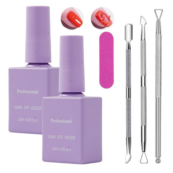 Ninnyi 2 Pcs 15ml Gel Nail Polish Remover with File Cuticle Pusher and Scraper Armor Remover, Quickly Easily Remove Nail Polish