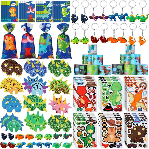 132 Pcs Dinosaur Party Favors for Kids Boys Dinosaur Birthday Party Supplies Make a Dinosaur Stickers Dinosaur Masks Dinosaur Slap Keychains Rings Dinosaur Goodie Bag Stuffers for Birthday Party Gift