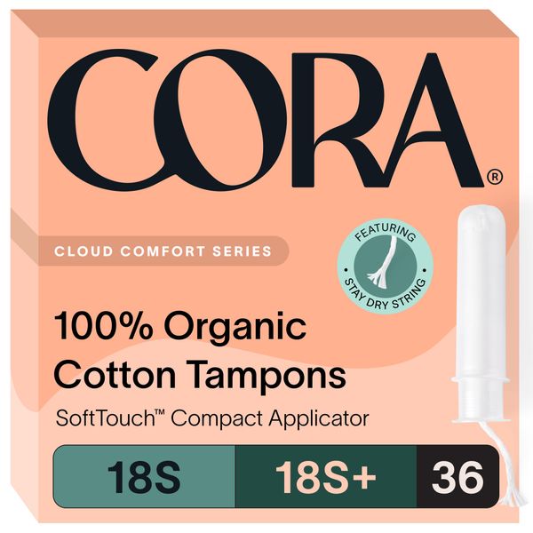 Cora Organic Applicator Tampon Multipack | 18 Super & 18 Super Plus Absorbency | 100% Organic Cotton, Unscented, BPA-Free Compact Applicator | Leak Protection | Packaging May Vary | 36 Total