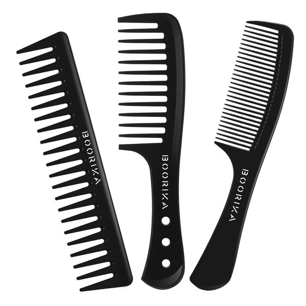 Boorika Wide Tooth Comb – Smooth & Sturdy Wide Tooth Comb for Curls – Curl Comb for Long Wet or Curly hair - Heat Resistant & Anti-Static Styling Comb (Pack of 3)