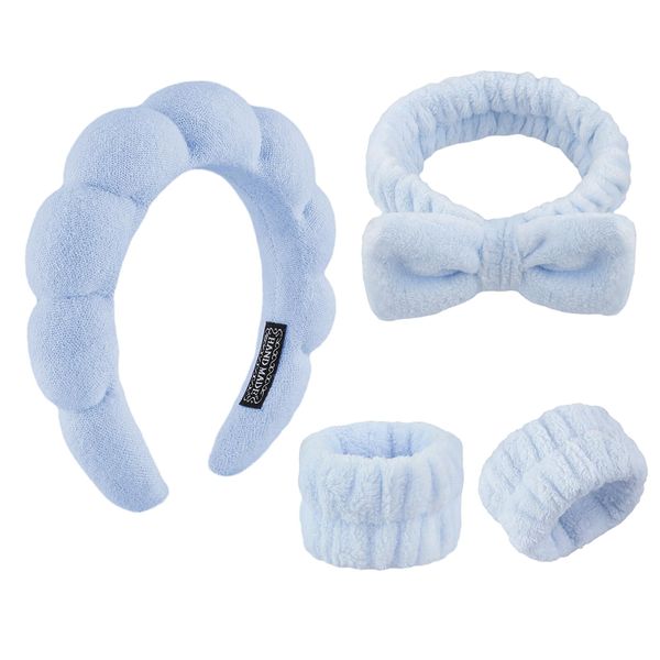 YUXIANLB Spa Headband for Washing Face, Skincare Headbands for Women Makeup, Terry Cloth Towel Hairband for Skincare, Sponge Puffy Make Up Hair Band for Women, Face Washing Wristband Pack of 4 (Blue)