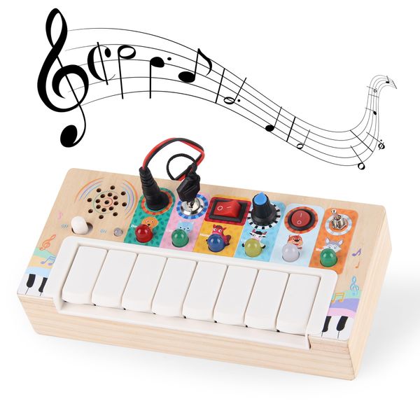 Autirinee Wooden Busy Board, Montessori Musical Toys for Toddlers, Kids Busy Boards Piano Keyboard, 6 Animal Sounds with 6 LED Lights, Sensory Toys Light Switch Toys