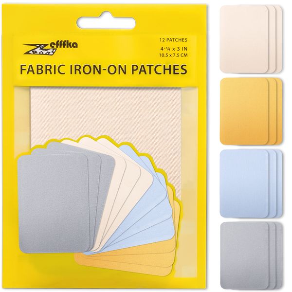 ZEFFFKA Premium Quality Fabric Iron-on Patches Inside & Outside Strongest Glue 100% Cotton Blue Gray Beige Brown Repair Decorating Kit 12 Pieces Size 3" by 4-1/4" (7.5 cm x 10.5 cm)