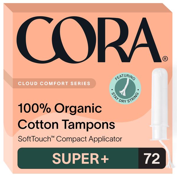 Cora Organic Applicator Tampons | Super Plus Absorbency | 100% Organic Cotton, Unscented, BPA-Free Compact Applicator | Leak Protection | Packaging May Vary | 72 Total