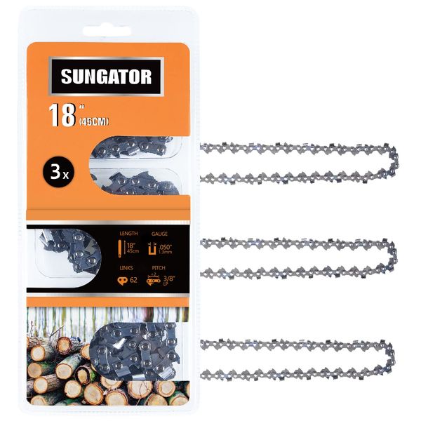 SUNGATOR 3-Pack 18 Inch Chainsaw Chain SG-S62, 3/8" LP Pitch - .050" Gauge - 62 Drive Links, Compatible with Craftsman, Ryobi, Homelite, Poulan