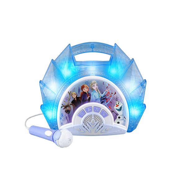 eKids Frozen Sing Along Boom Box Speaker with Microphone for Fans of Frozen Toys for Girls, Kids Karaoke Machine with Built in Music and Flashing Lights, Blue, 3.5mm Audio Jack