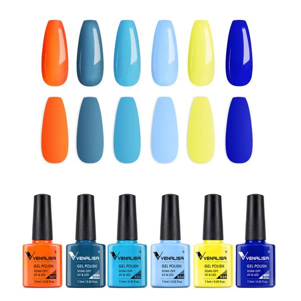 VENALISA Gel Nail Polishes- 6Pcs 7.5ml Blue Orange Baby Blue Yellow Colors Gel nail polish set Soak off UV LED Nail Lamp for Nail Starters at Home