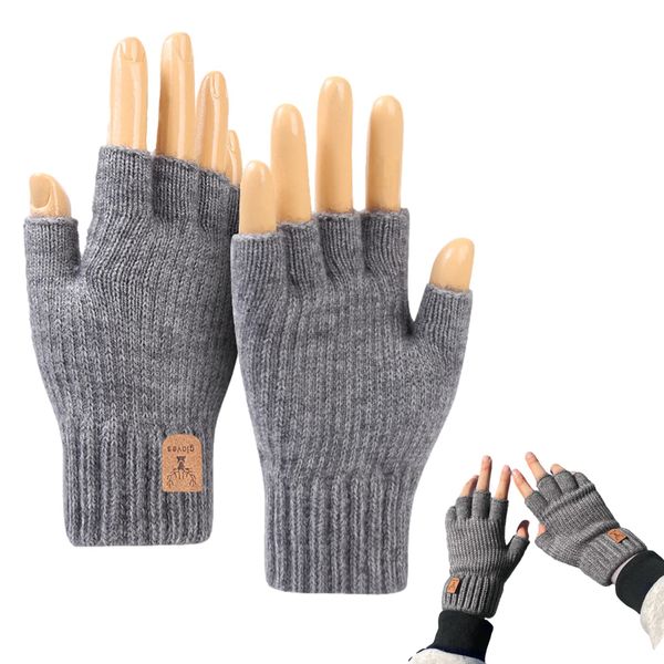 Coollooda Men's Fingerless Gloves, Cold Protection, Half Finger Gloves, Winter Knit Gloves, Half Finger, Fingerless, For Work Commutes, School, Cycling, Sports, Fleece-Lined, Work Light Gray