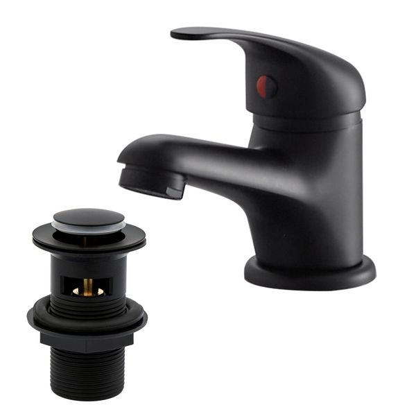 Matte Black Basin Mixer Tap with Pop Up Waste, BATHWEST Tradition Black Monobloc Brass Bathroom Sink Taps with Sink Plug, Single Handle Basin Taps Mixer with Basin Waste 022NBK